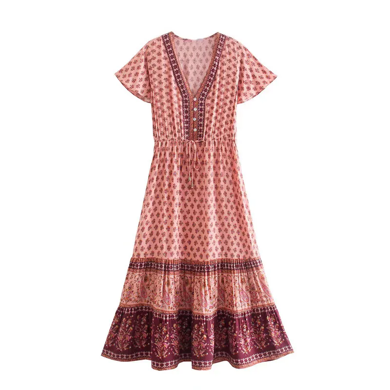 Ethnic Style Floral Dress with V Neck and Short Sleeve, Polyester Maxi Long Dress