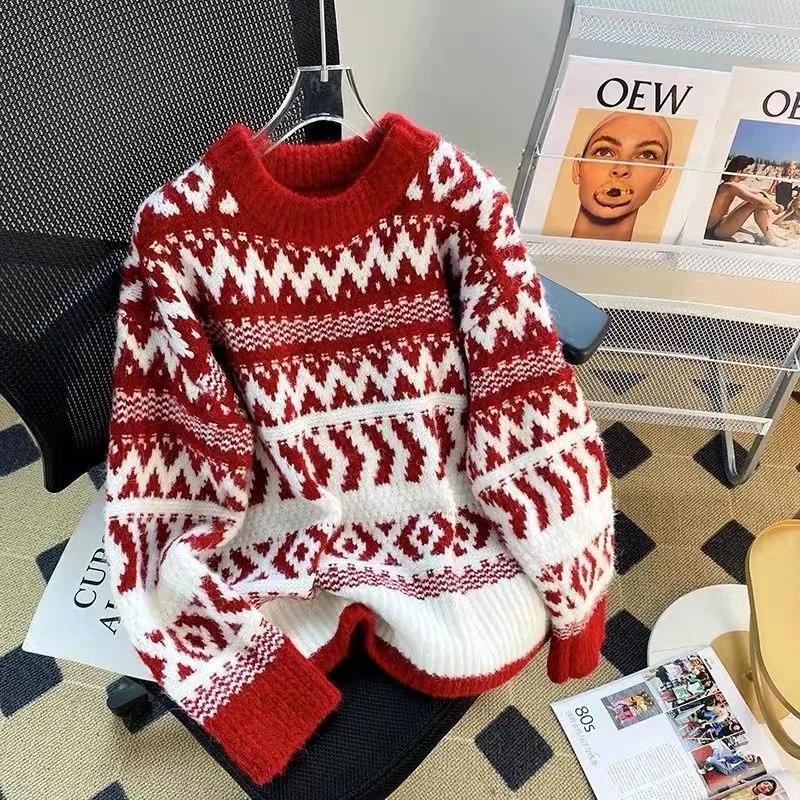 Vintage Style Festival Long Sleeve Pullover for Women in Knitted Fabric Featuring Knitted Craft