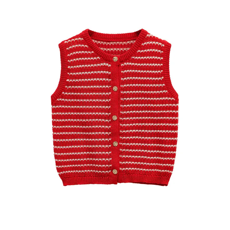 Women's Sleeveless Vest with Round Neck and Single Breasted Closure, Polyester Fabric Featuring Jacquard Stripe Pattern in Simple Style