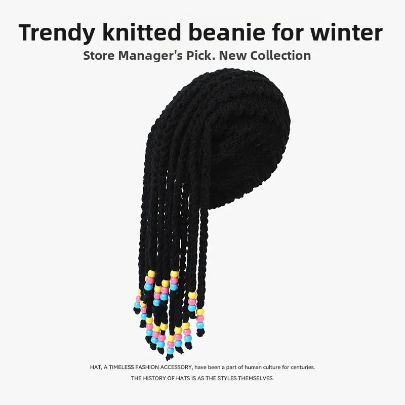 Women’s Hip-Hop Brimless Wool Cap Featuring Warm Braid Design Made from Wool Yarn