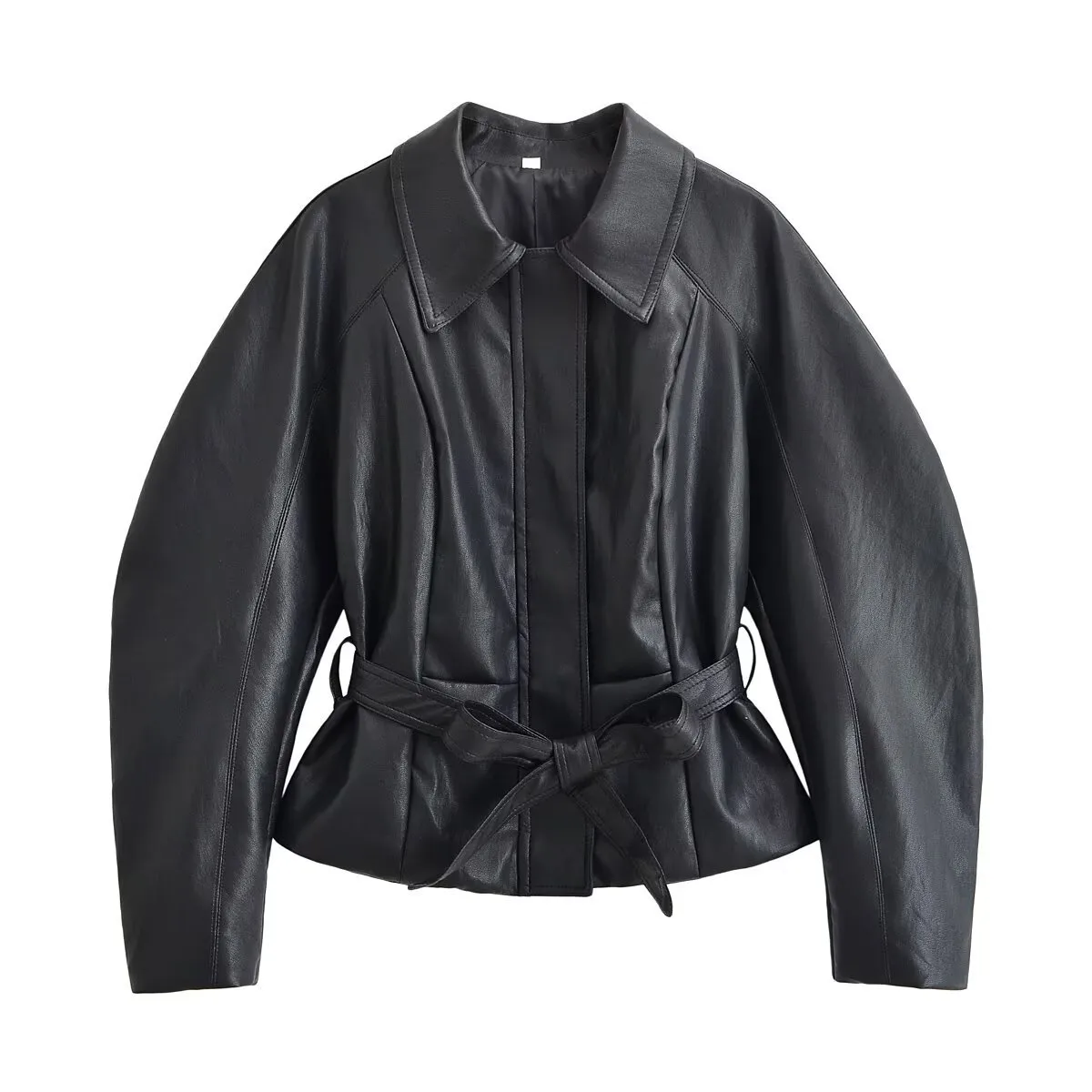 British Style Solid Color Leather Jacket for Women with Zipper Placket, Lapel Collar, and Regular Sleeves in PU Fabric