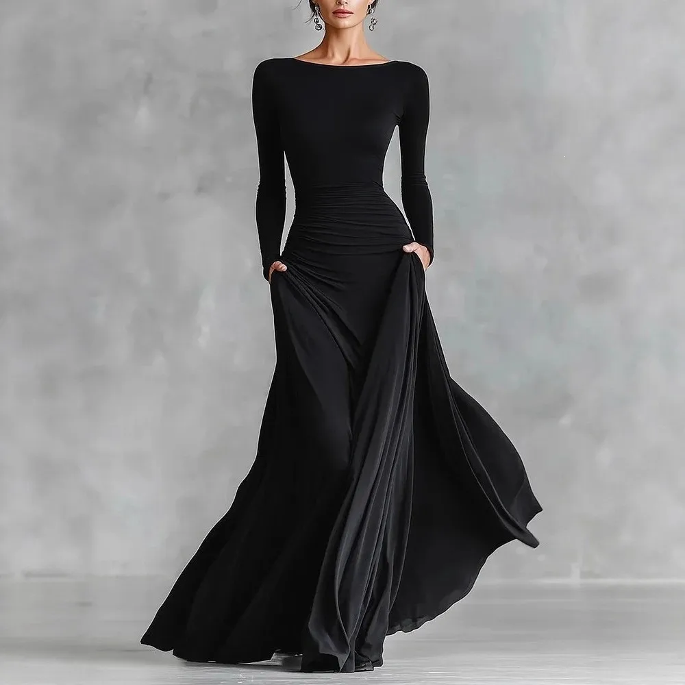Vintage Style Solid Color Sheath Dress in Polyester with Long Sleeve for Business, Maxi Long Dress