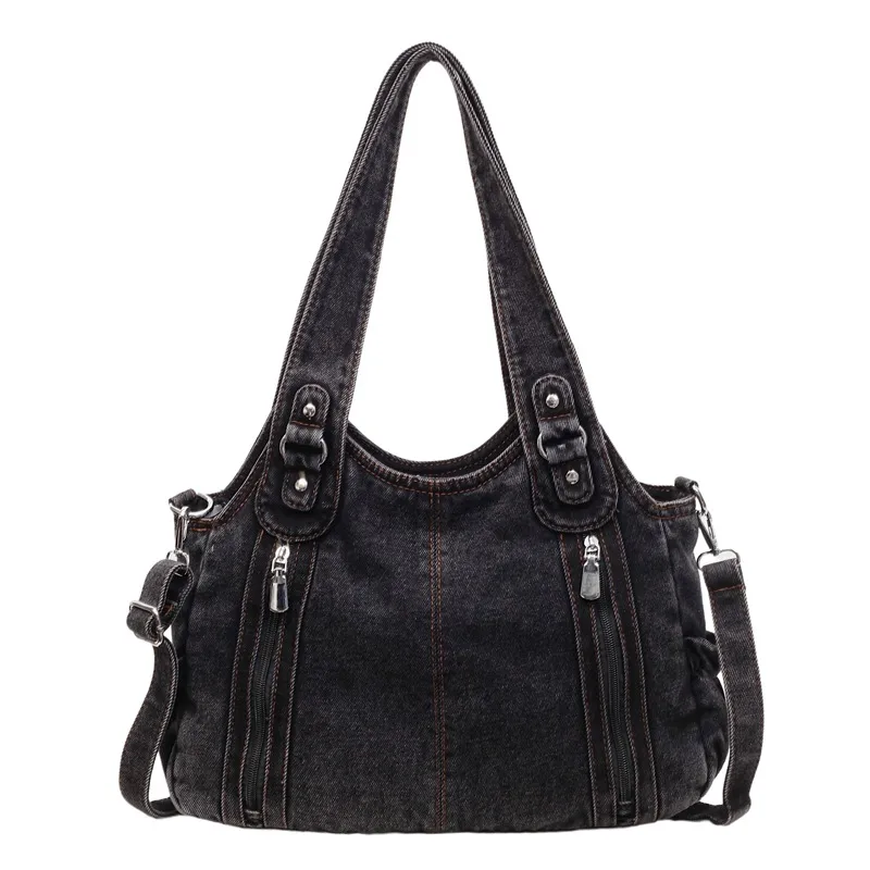 Women’s Square Denim Tote Bag with Sewing Thread Detail, Single Shoulder Strap, Perfect for Spring
