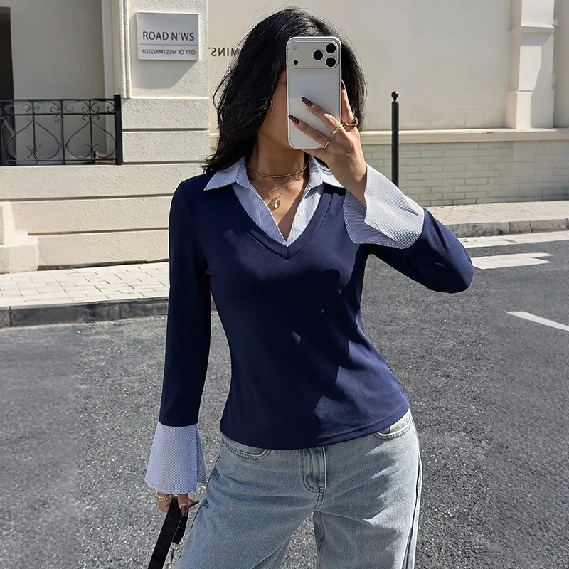 Color Block Casual Knit Long Sleeve T-shirt for Women Featuring Splicing Craft with Pullover Design