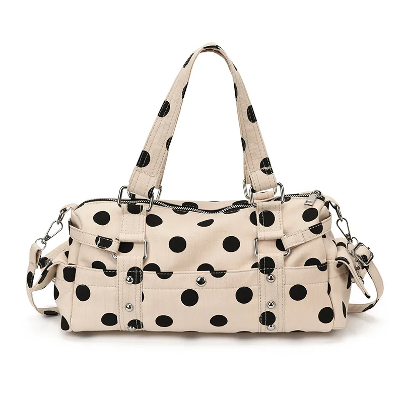 Women’s Canvas Square Handbag with Polka Dots Pattern and Sewing Thread Detail, Featuring Single Shoulder Strap