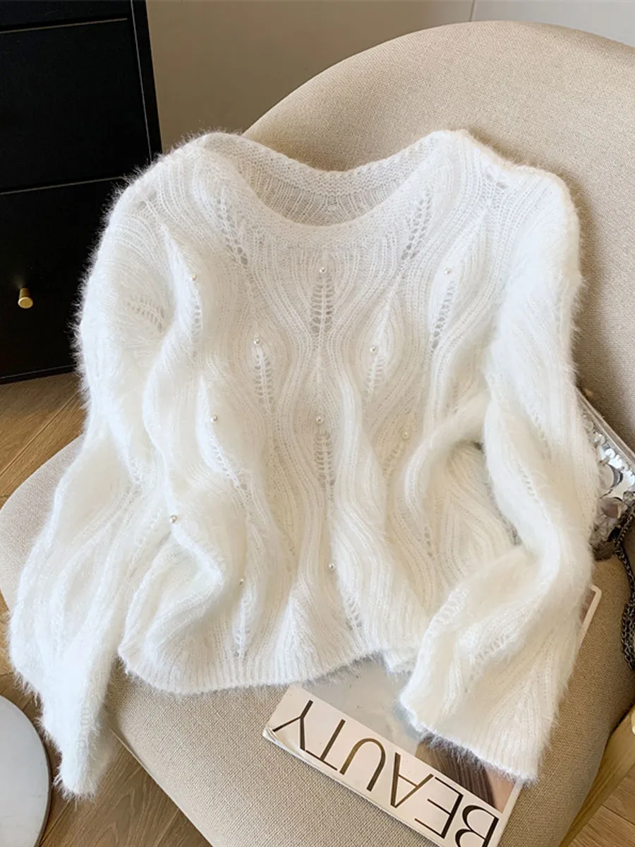 Solid Color Long Sleeve Preppy Style Knitwear Featuring Hollow Out Design in Polyester