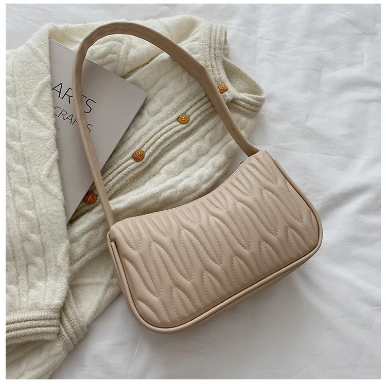 Elegant Small Solid Color PU Underarm Bag for Women with Square Shape and Zipper Closure Featuring Sewing Thread Detail