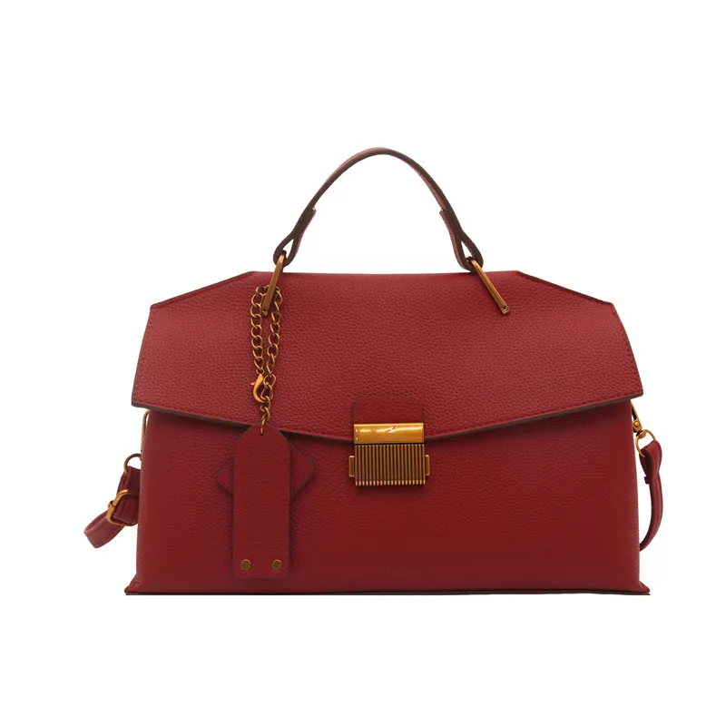 Square PU Leather Handbag in Solid Color for Women with Lock Detail and Top Handle