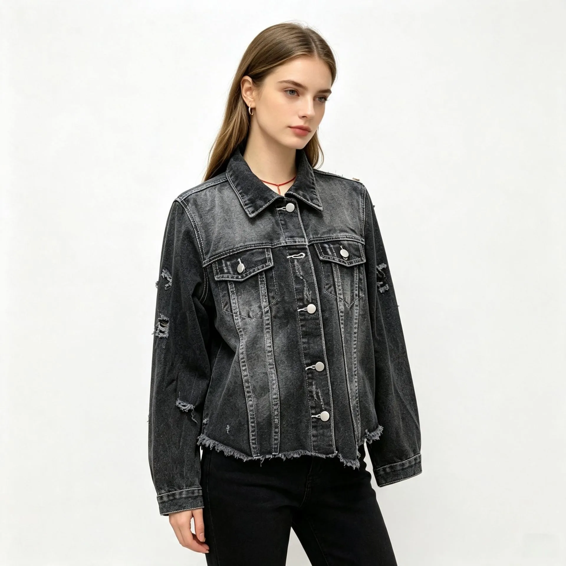 Women's Denim Coat with Lapel Collar in Vintage Style Featuring Ripped Denim Fabric and Long Regular Sleeves