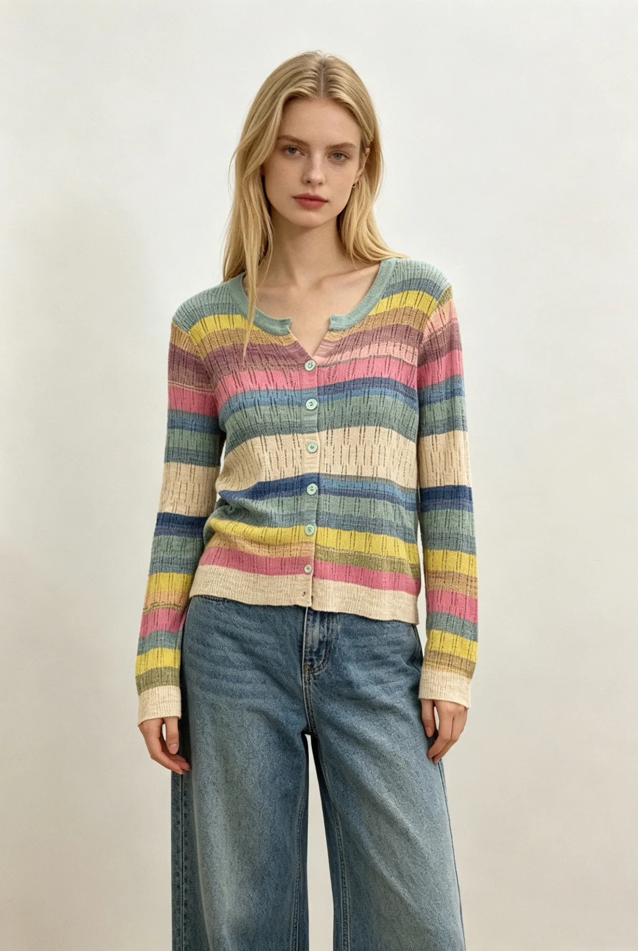 Color Block Long Sleeve Simple Style Viscose Knitwear for Women with Hollow Out Craft and Placket