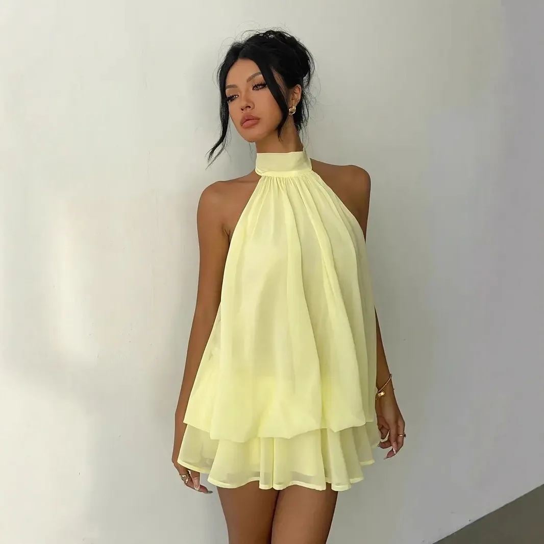 Solid Color Sleeveless Halter Neck Tea Dress in Polyester Fabric, Above Knee Length, Vacation Style
