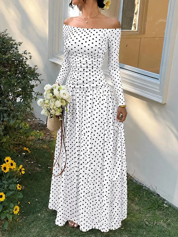 Sexy Polka Dot Dress with Off Shoulder Neckline and Long Sleeves, Made of Polyester, Perfect for Date