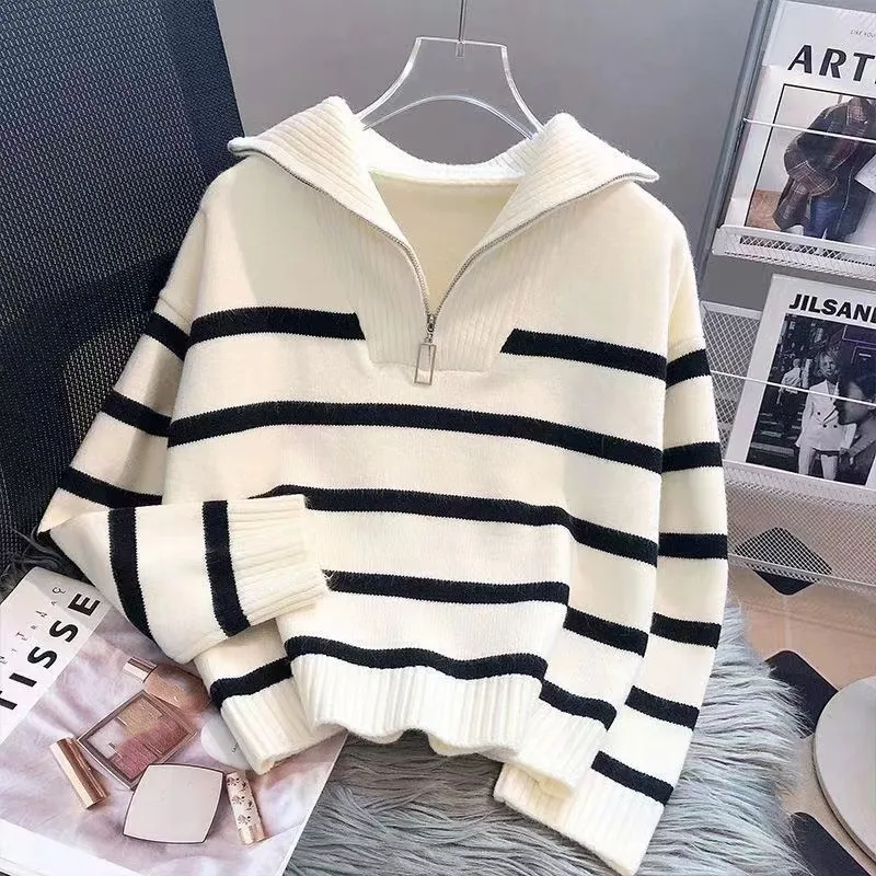 Striped Plaid Long Sleeve Acrylic Pullover Sweater with Zipper