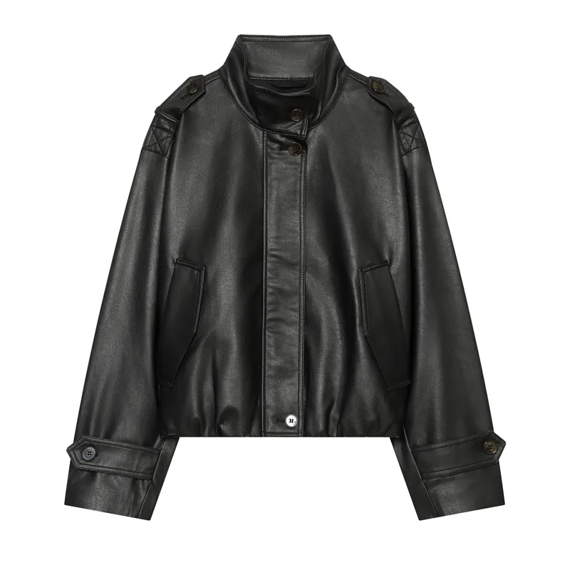 3D Print British Style Women's Leather Jacket with Zipper Placket and Lapel Collar, Made of Polyester