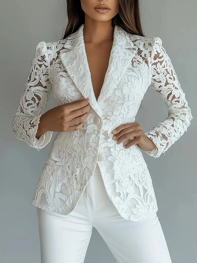 Elegant Lace Polyester Blazer with V Neck and Single Breasted Closure
