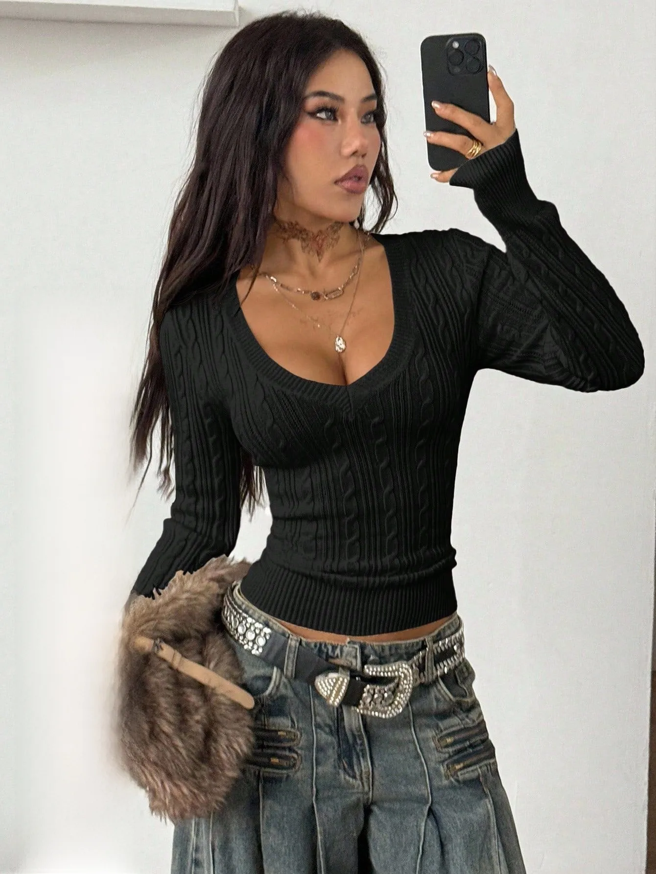 Solid Color Streetwear Sweater with Long Sleeves, Knitted Craft, Pullover Style in Polyester Fabric