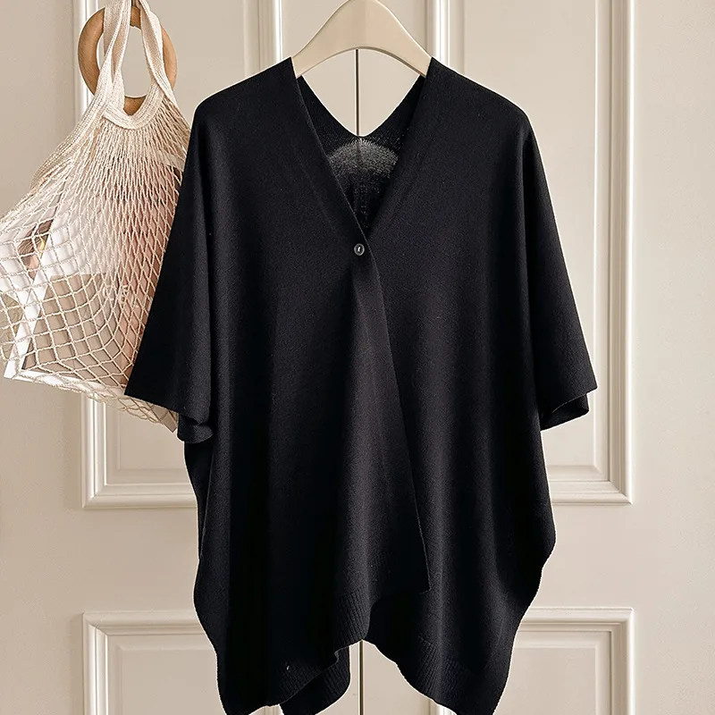 Solid Color Knit Shawl for Women in Dyed Black, Perfect for Spring Season