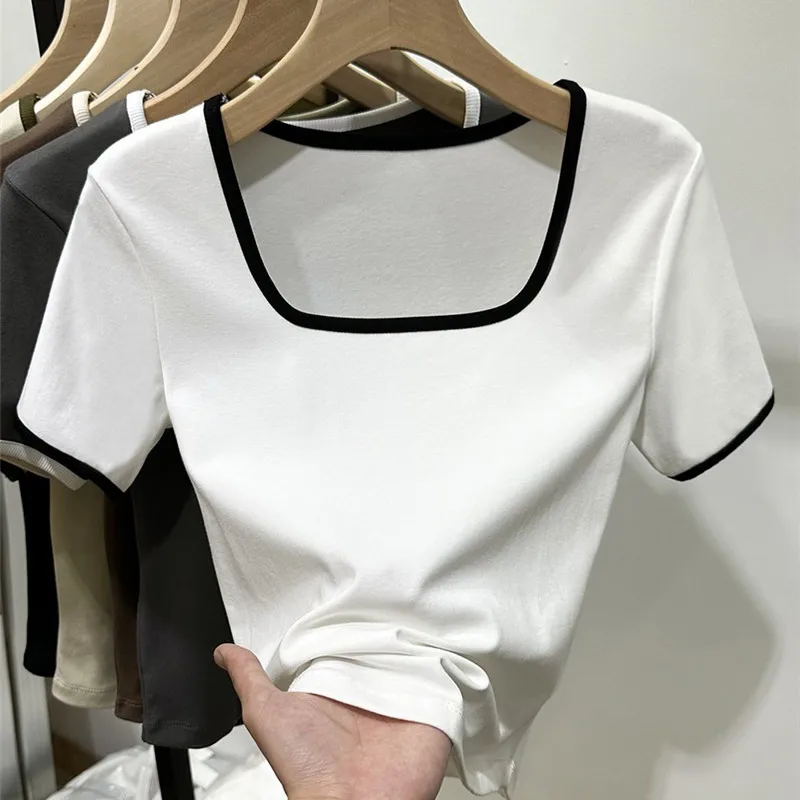Women's Slim Fit Short Sleeve Square Neck Polyester Casual T-Shirt with Side Stripe