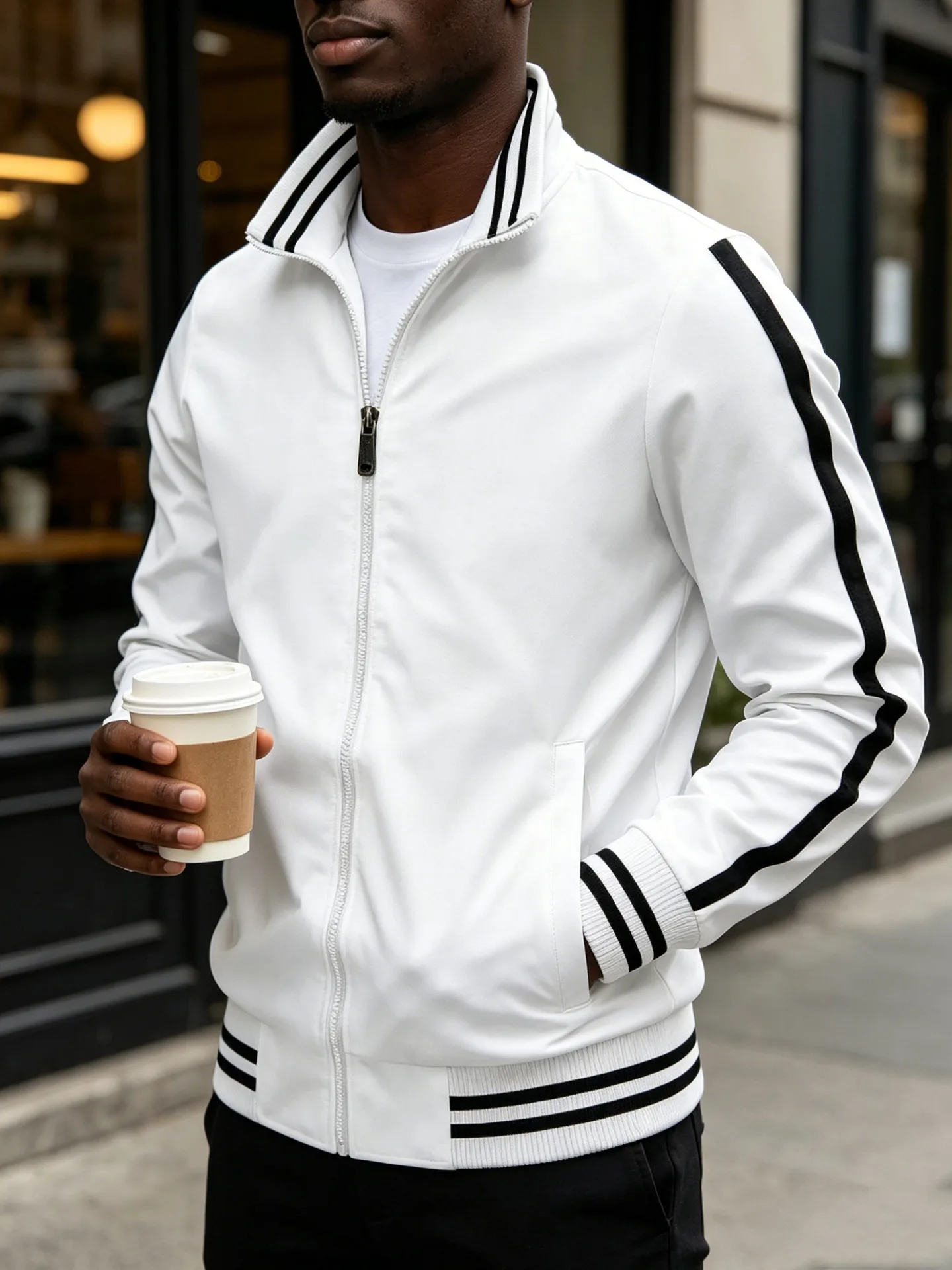 Men's Solid Color Jacket Featuring Zipper Placket in Simple Style, Crafted from Polyester Fabric