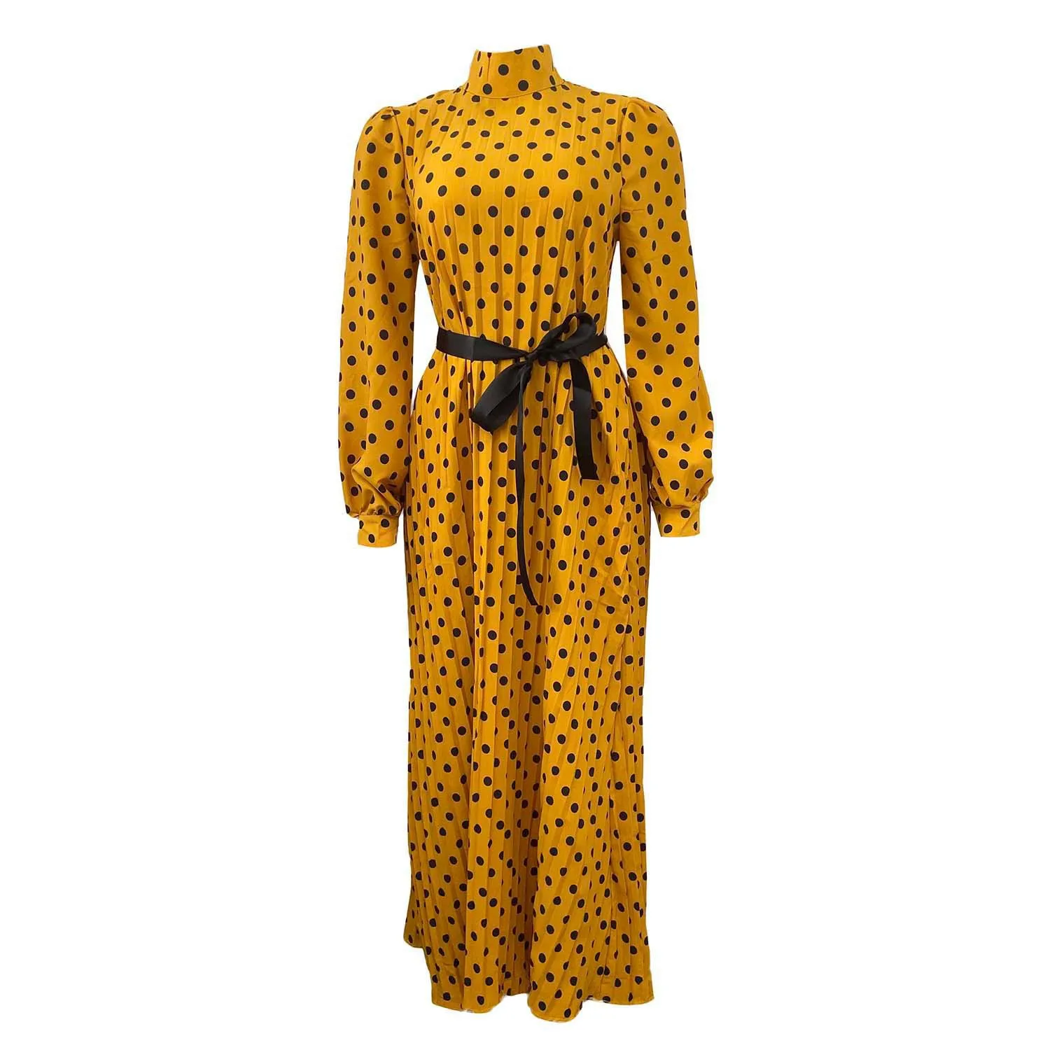 Round Dots Polka Dot Dress with Standing Collar and Long Sleeves in Knitted Fabric Maxi Long Dress for Daily Wear