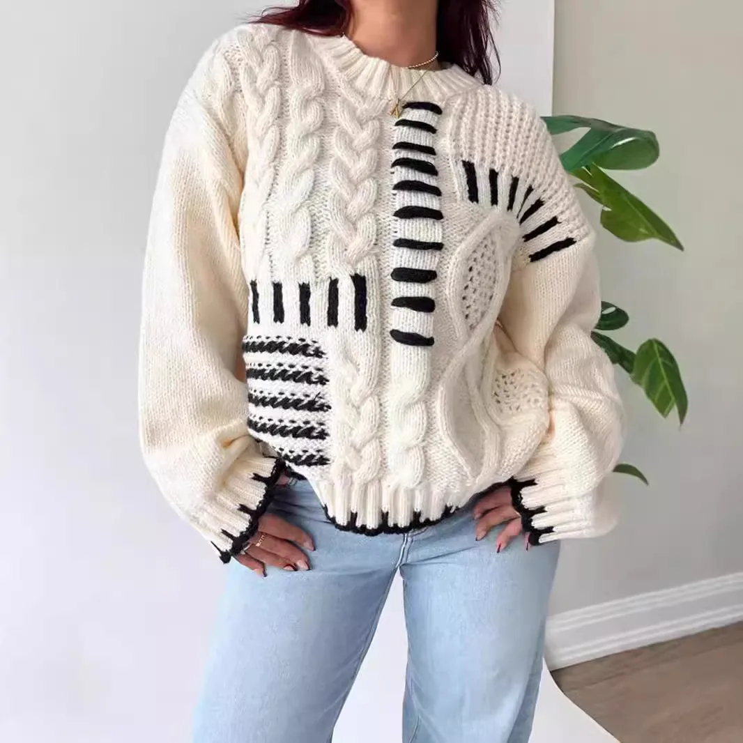 Striped Crochet Lace Long Sleeve Loose Pullover Sweater for Women