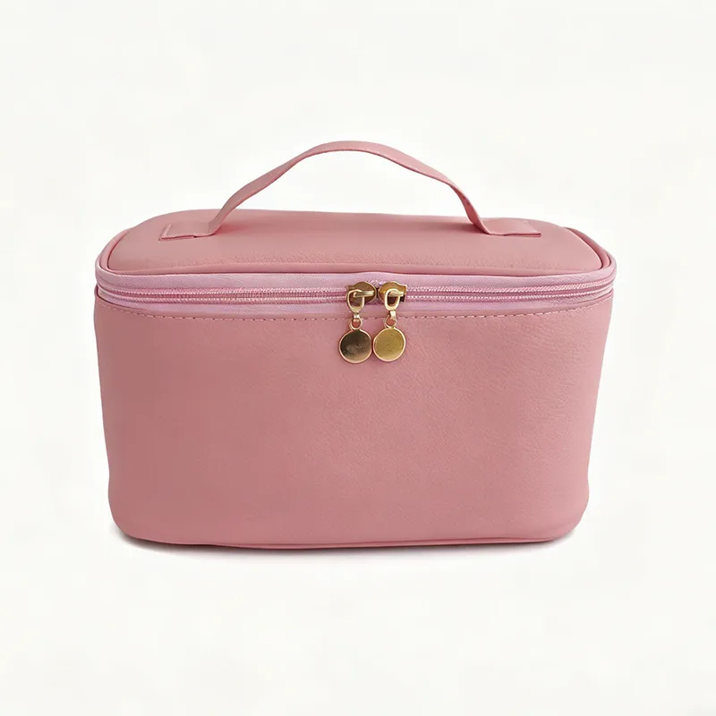 Unisex Solid Color PU Leather Cosmetic Bag with Top Handle, Water Resistant Design