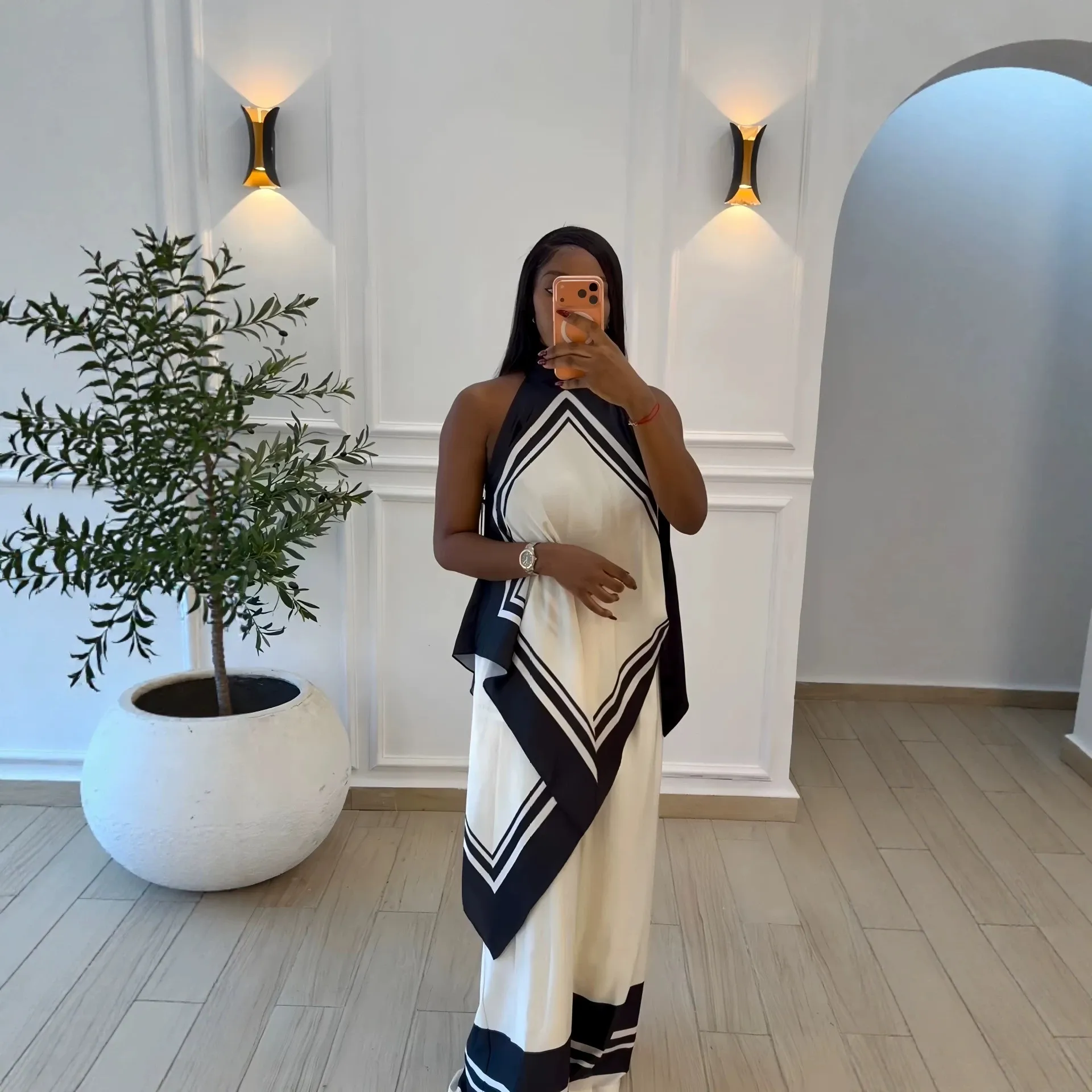 Color Block Pant Co-ord Set with Patchwork Detail, Straight Polyester Pants and Sleeveless Top, 2 Pieces Set in Simple Style