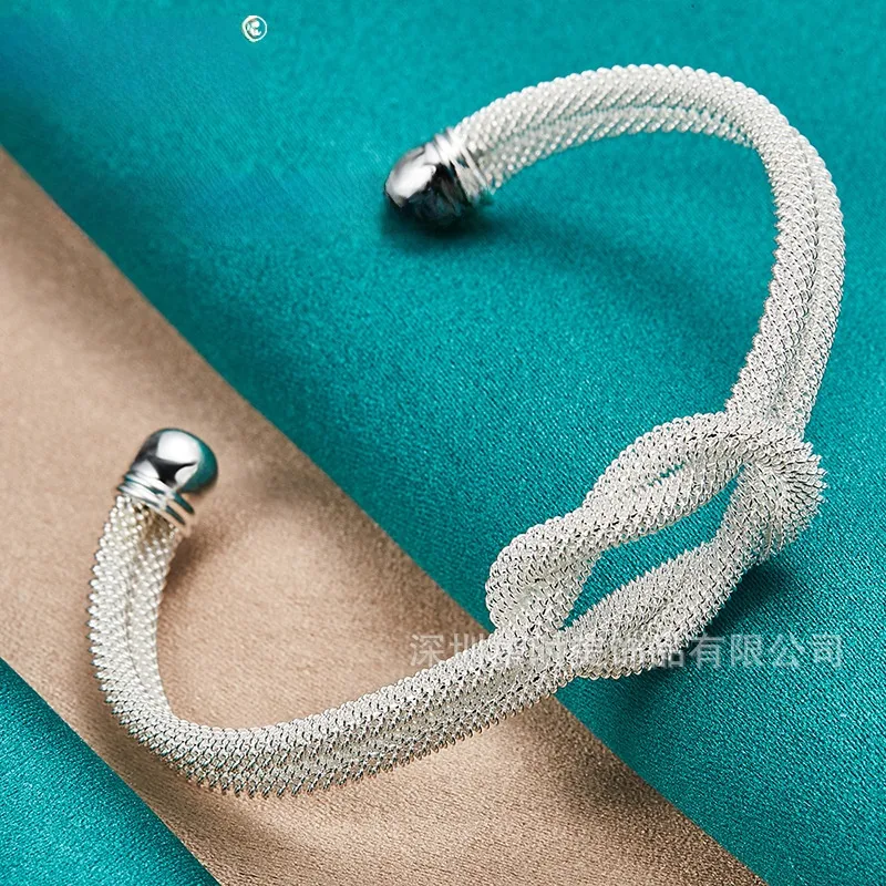 Women’s Electroplated Silver Plated Copper Bangle Featuring Braid Craft and Grid Pattern