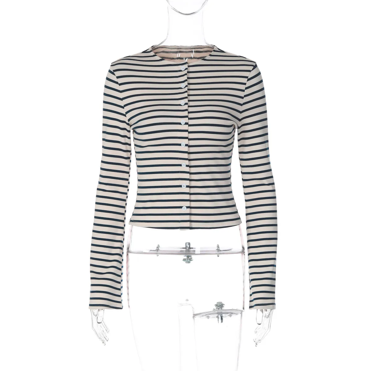 Long Sleeve Streetwear T-shirt for Women in Autumn featuring Elastane Fabric with Stripe Design