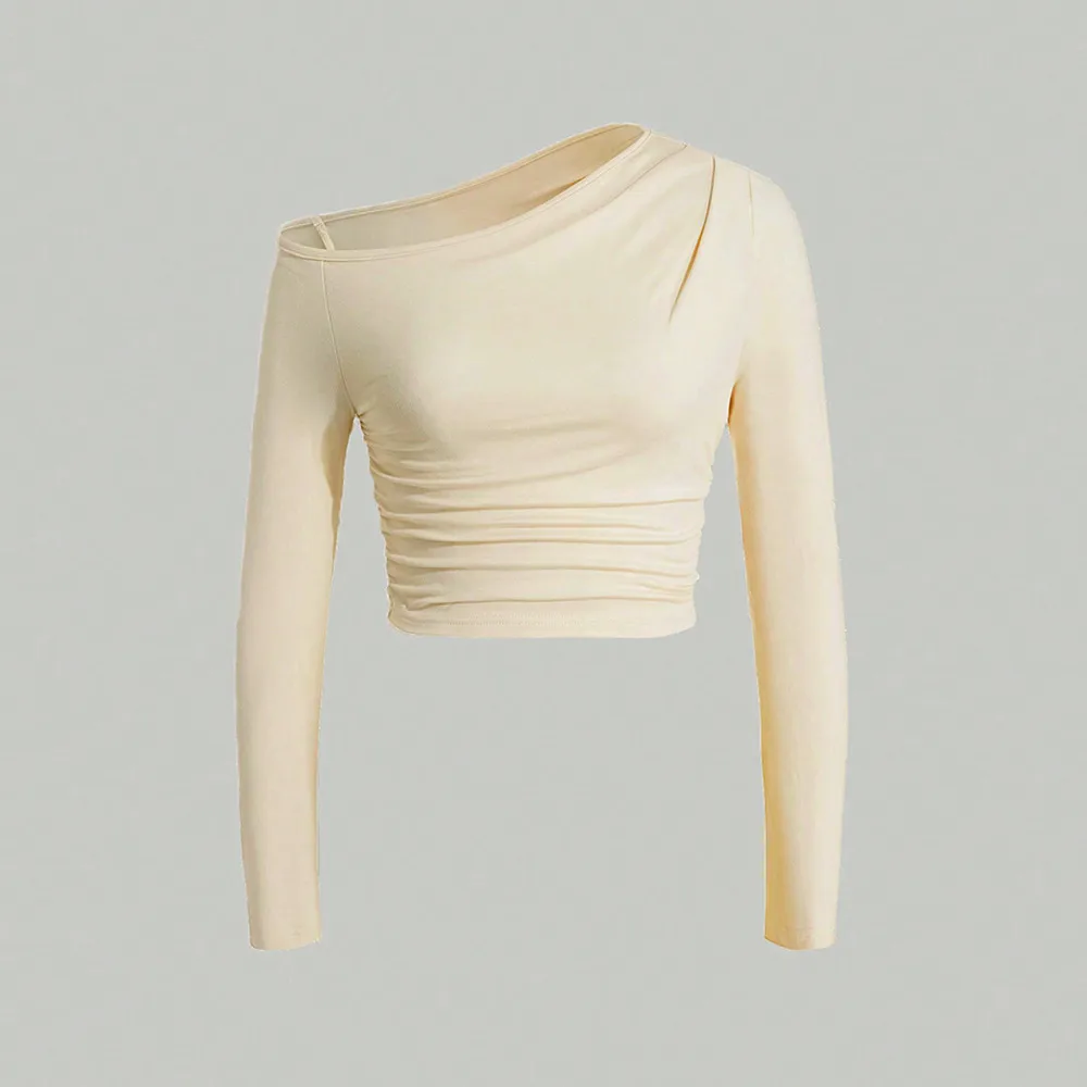 Sexy Solid Color Long Sleeve Polyester T-Shirt for Women Featuring Knitted Craft and Pullover Design