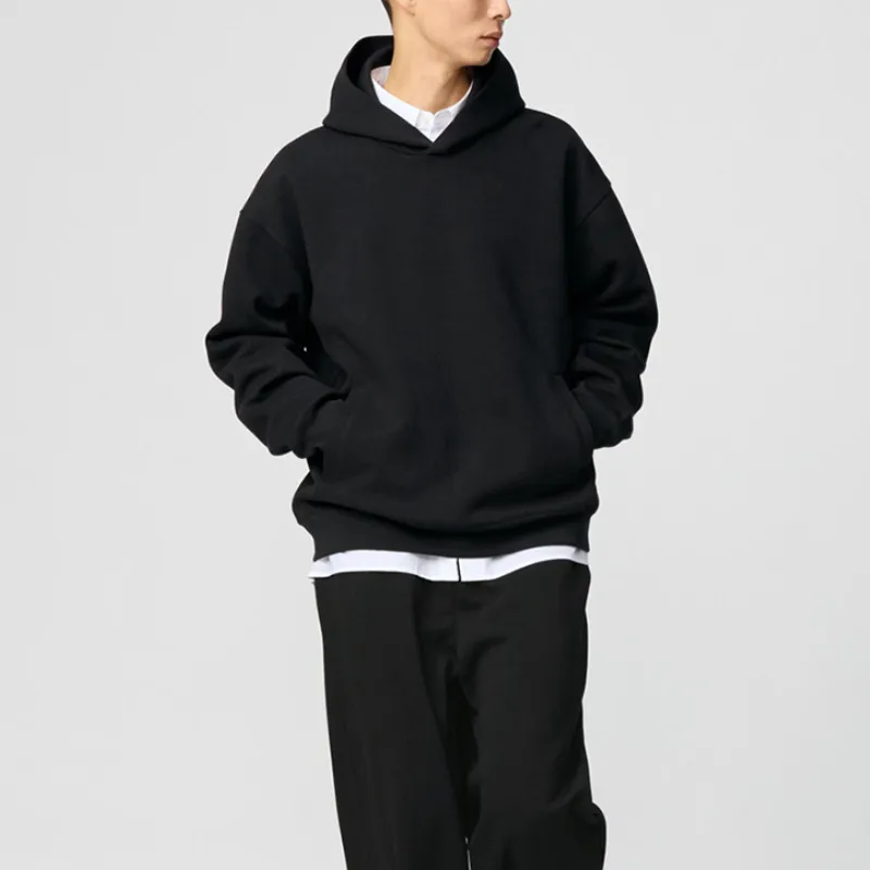 Men's Casual Solid Color Dyed Black Long Sleeve Polyester Hoodie with Multiple Pockets