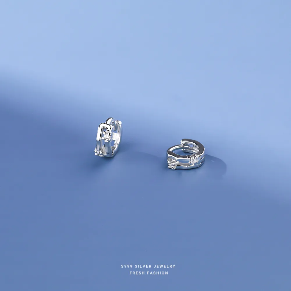 Simple Style Round Hoop Earrings for Women in S999 Silver with Zircon Inlay, Silver Color