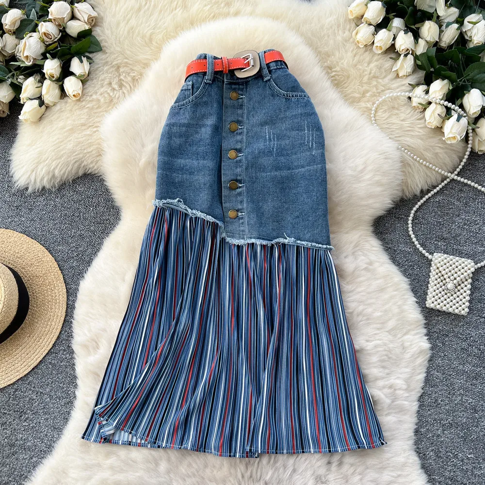 Vintage Style Stripe Cotton Blend Skirt with Folds in High Waist Denim Design for Winter