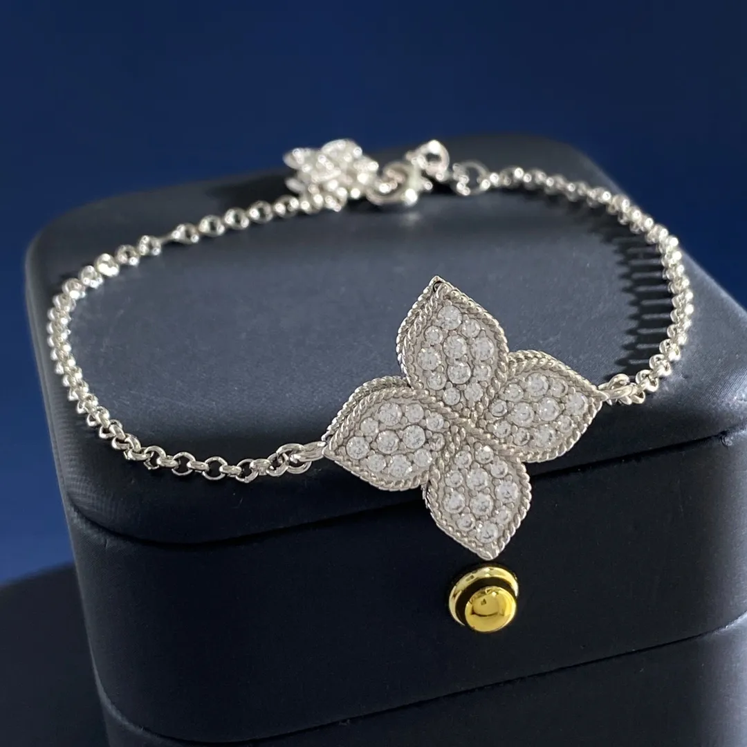 Flowers Bracelet with Claw Setting in 18K Gold Plated Brass Featuring Zircon and Cable Chain, Water Plating 0.03-0.05µm