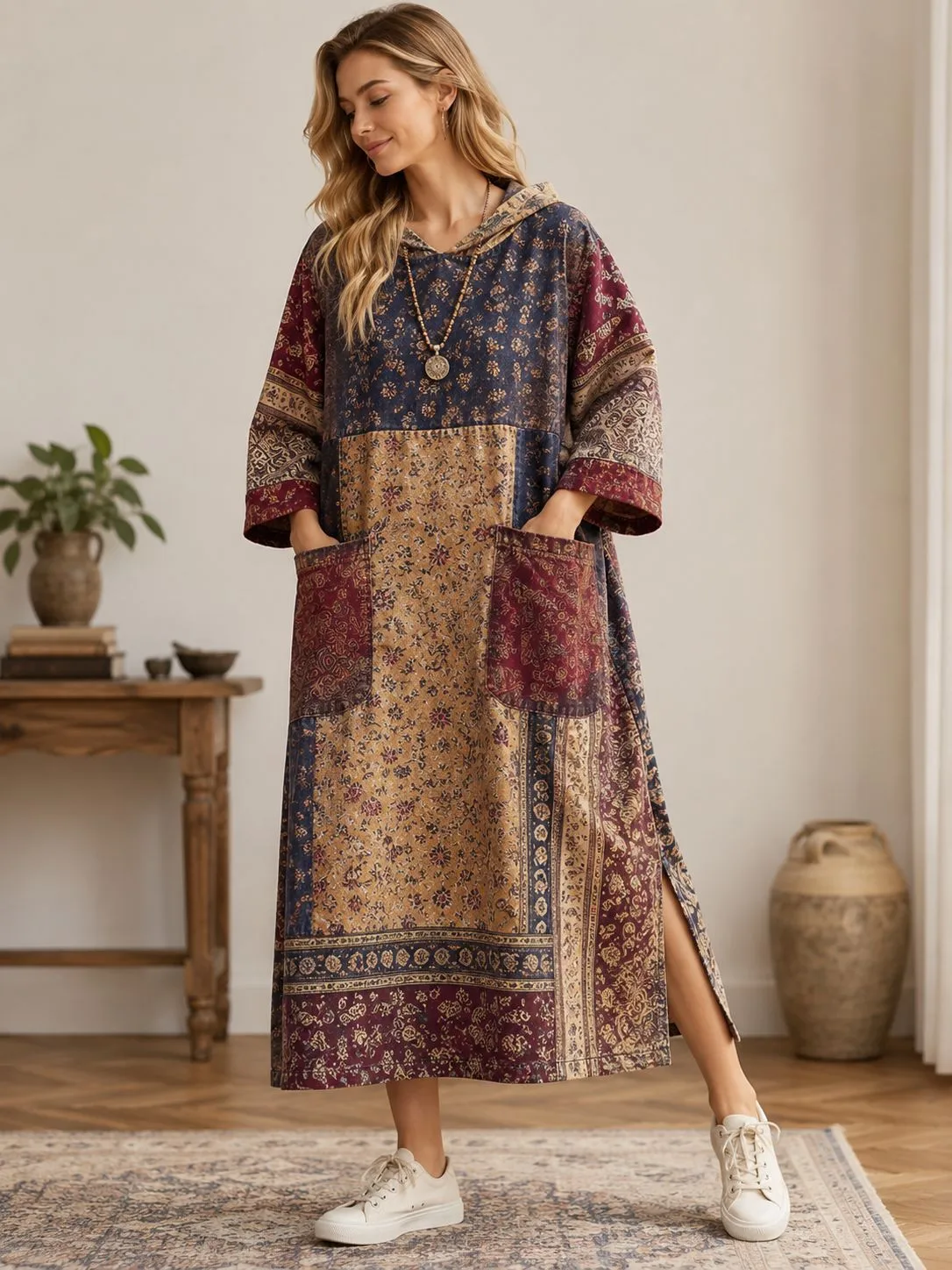 Vintage Style Denim Dress with Long Sleeve and Round Neck, Polyester Maxi Long Dress for Daily Wear