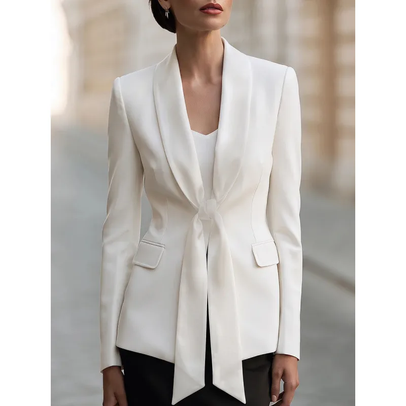 Solid Color Business Long Sleeve Polyester Blazer Featuring Tie Detail