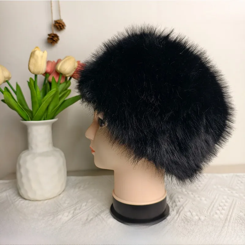Solid Color Princess Style Unisex Bucket Hat with Ear Wrap Brim, Made of Plush Imitation Fox Fur