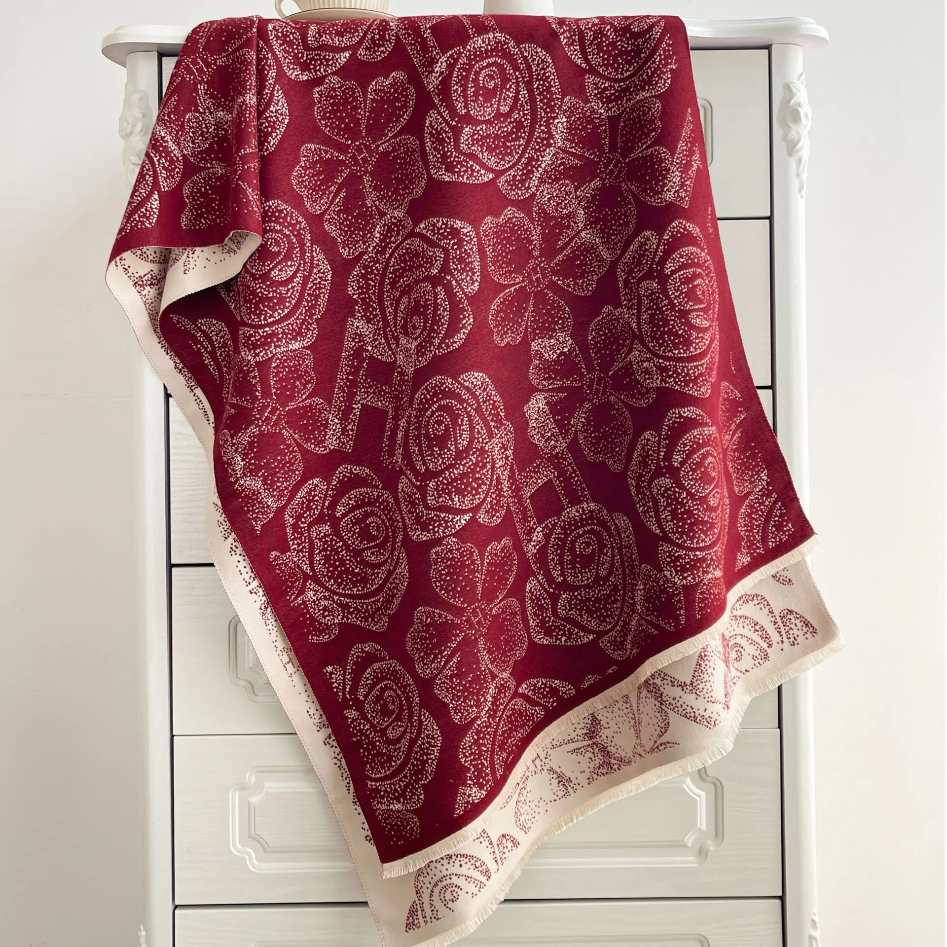 Women’s Polyester Scarf with Flowers Pattern in Wine Red, Perfect for Autumn & Winter