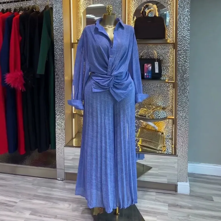 Casual Solid Color Wide Leg Pants 2 Pieces Set Featuring Folds in Polyester Fabric