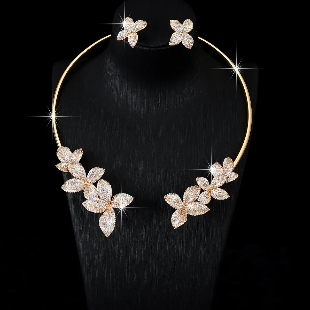 Women’s Flowers Jewelry Set in Electroplated Copper with Zircon Inlay, Elegant Design Featuring Floral Motifs