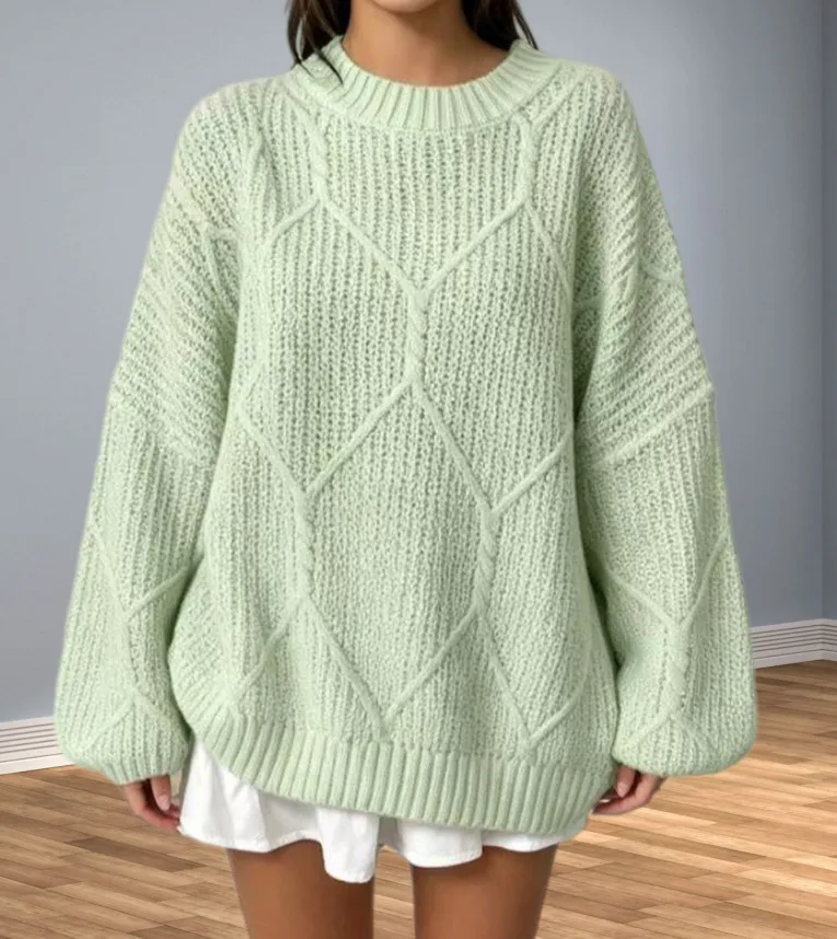 Argyle Acrylic Sweater with Long Sleeves and Round Neck, Knitted Pullover Design