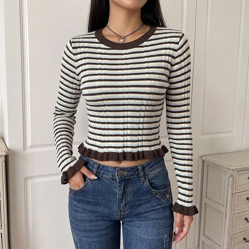 Casual Stripe Sweater with Long Sleeves, Knitted Cotton Pullover