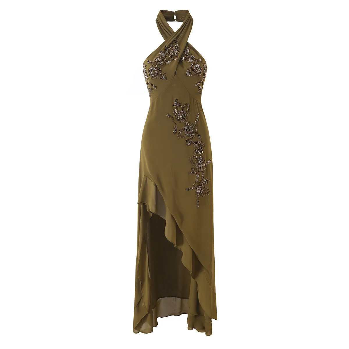 Sleeveless Halter Neck Party Dress with Embroidery in Polyester Fabric for Banquet and Streetwear
