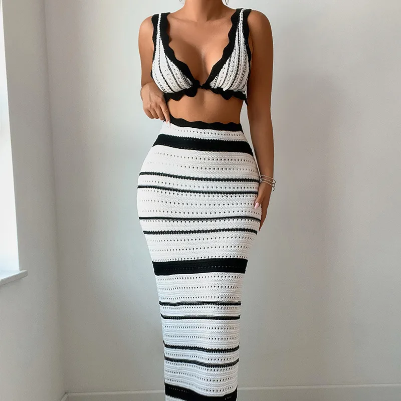 Women's Stripe Sundress in Black & White Polyester, Perfect Beachwear with Classic Stripe Design