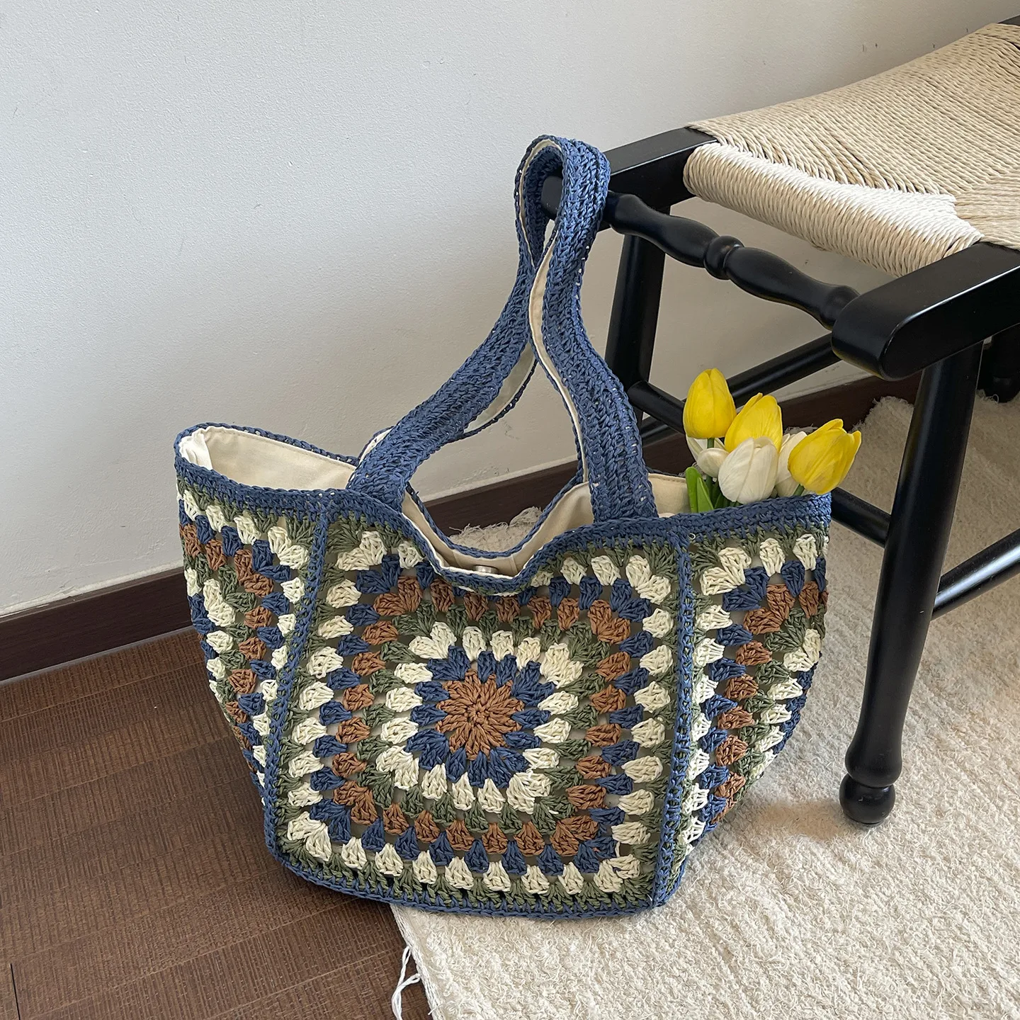 Color Block Square Straw Bag with Braid Detail, Single Shoulder Strap, Perfect for Summer