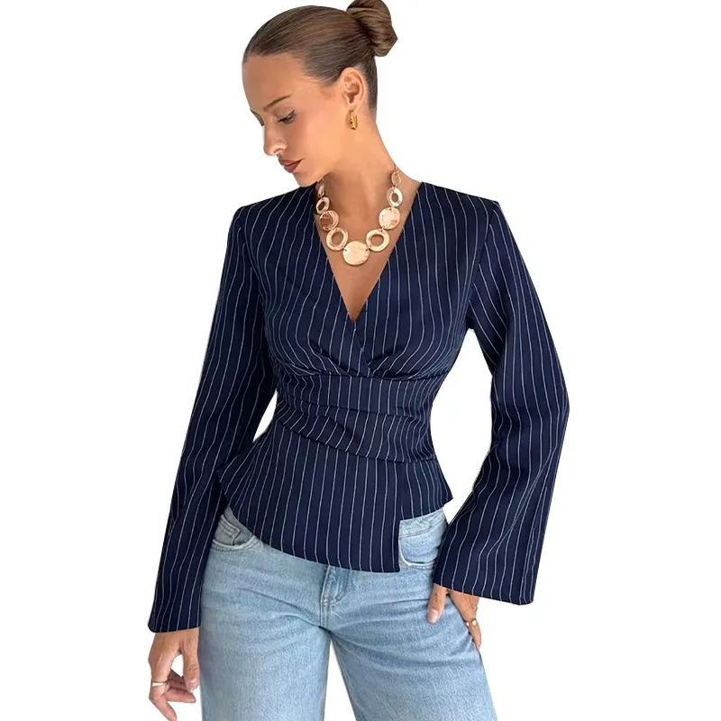 Elegant Stripe Long Sleeve Polyester Pullover Shirt for Women with V Neck
