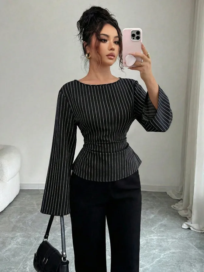 Casual Stripe Long Sleeve Polyester Pullover Shirt for Women