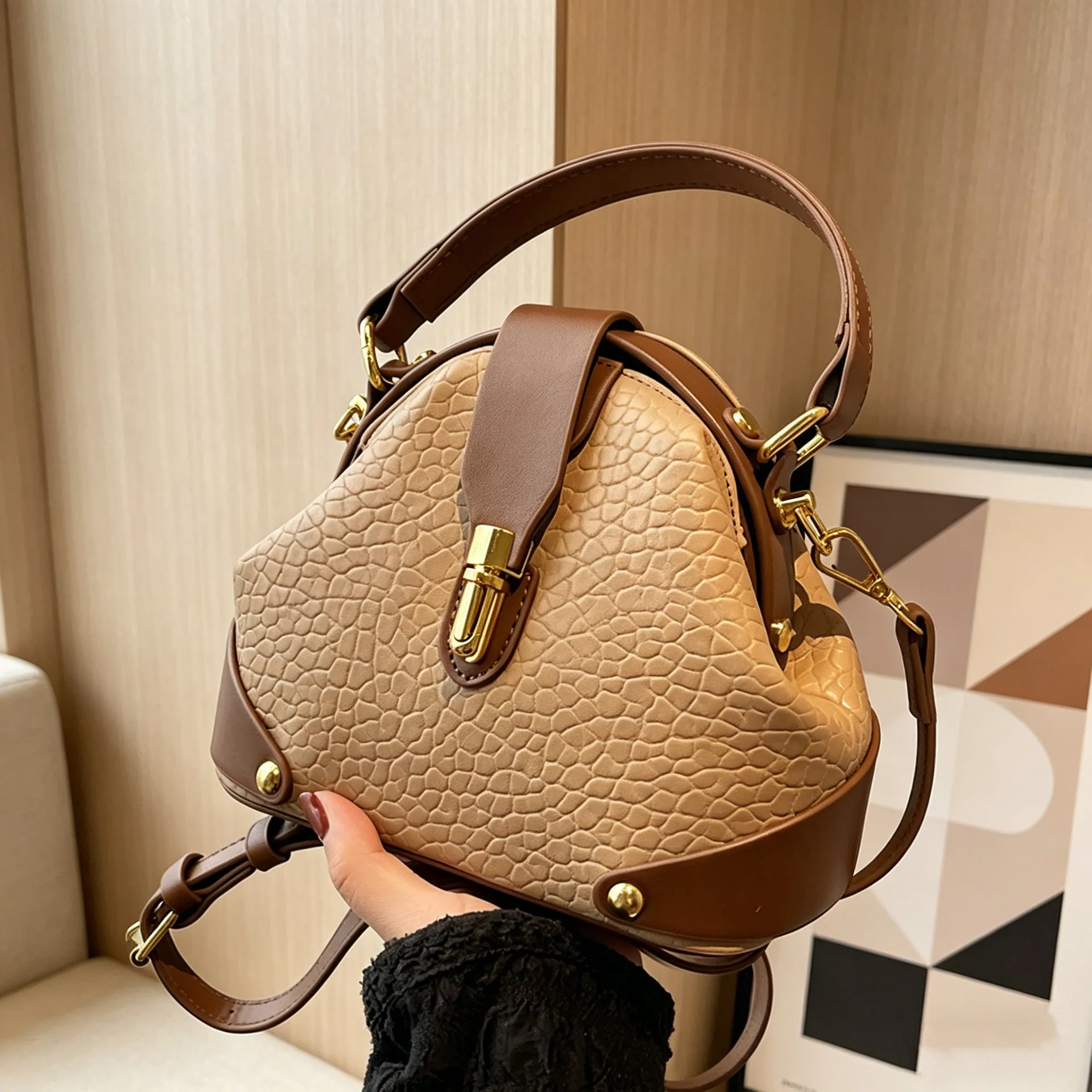 Color Block PU Leather Shell Crossbody Bag for Women with Sewing Thread Detail and Single Shoulder Strap