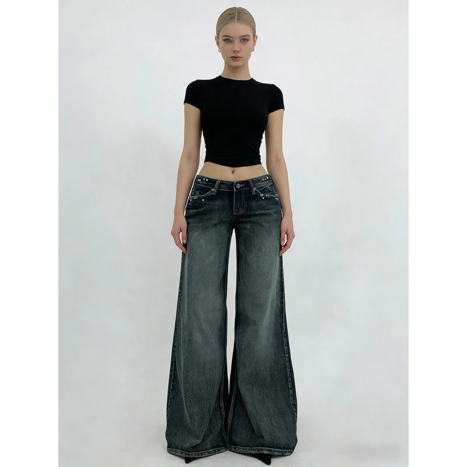 Casual Full Length Jeans for Women in Cotton Fabric with Buckle Detail