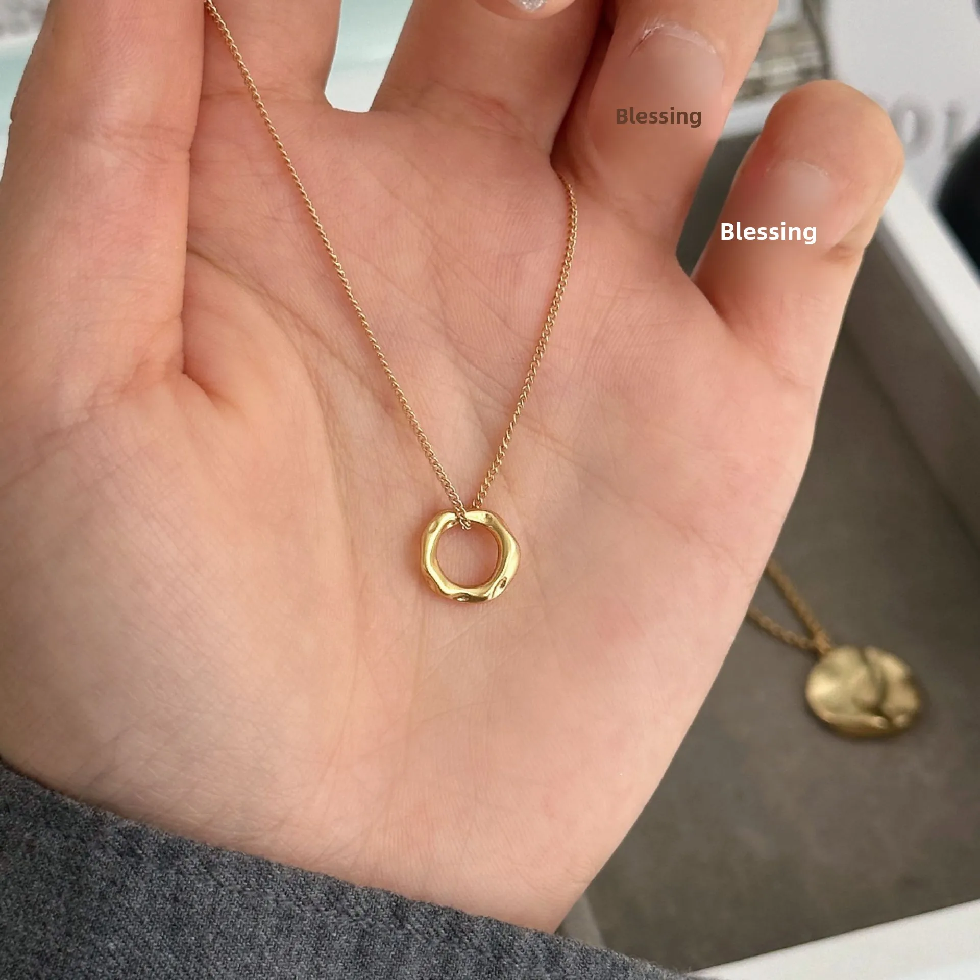 Gold Geometric Circle Necklace for Women Simple Style Copper Pendant Sweater Chain